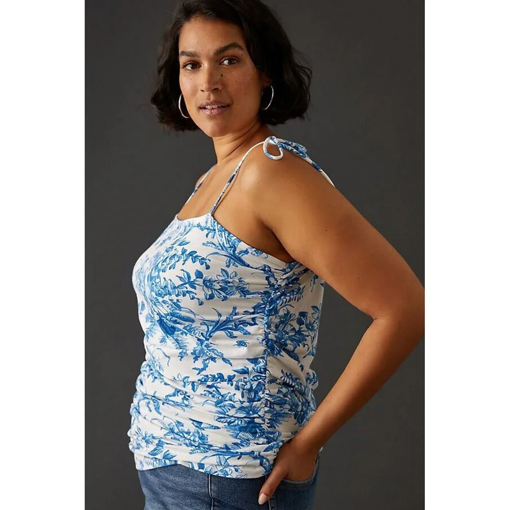 💙 NEW Anthropologie Maeve Shirred Tie Shoulder Chinoiserie Tank Top 2X - Picture 5 of 9